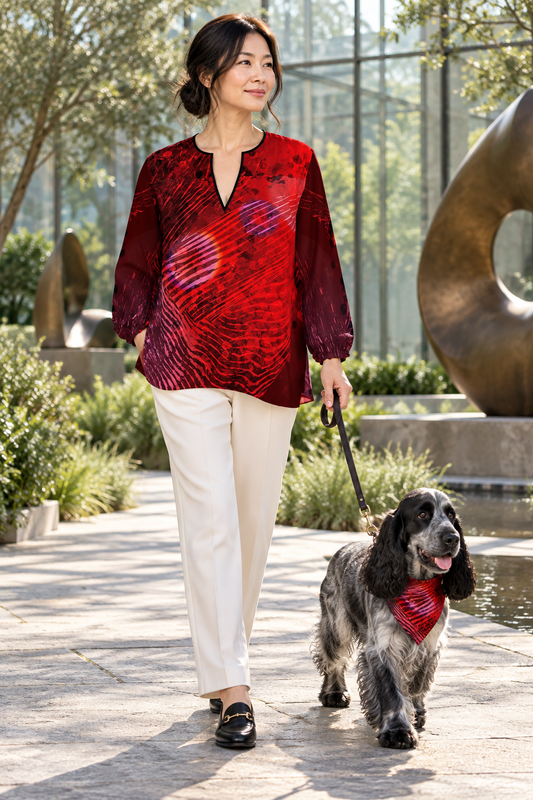Unfathomable 2 Women’s Blouse — Owner and blue-roan English Cocker Spaniel companion cover — crimson, burgundy and lilac abstract artwork