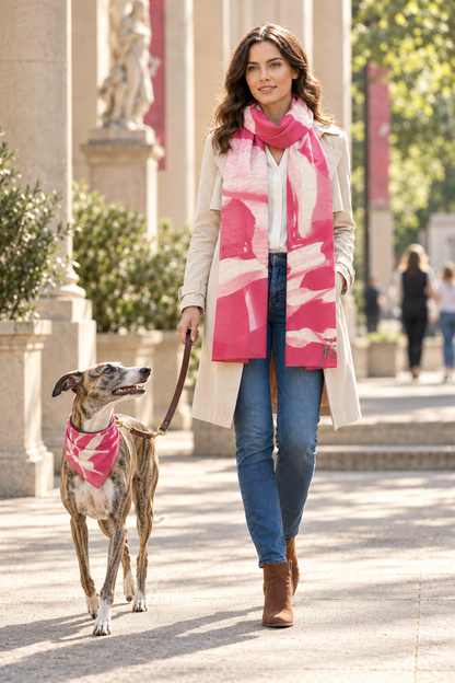 Venery 1 - Close Up model and brindle whippet with matching artwork bandana
