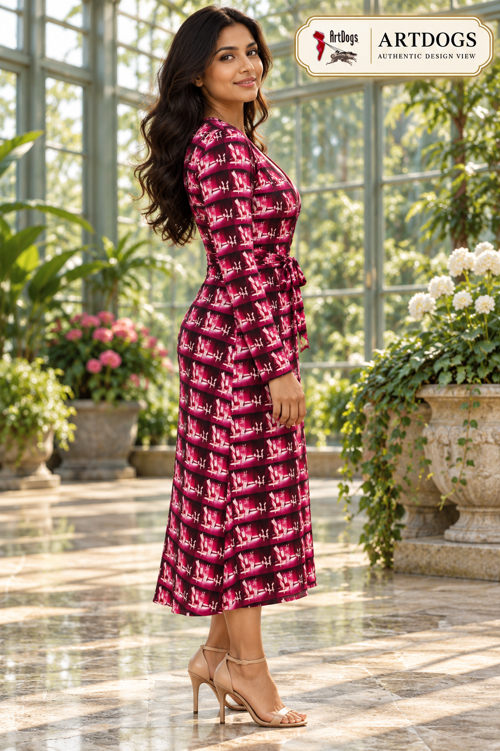 Venery 3 Calf or Below Long Wrap Dress, Authentic Design View right profile, Solange Silky Jersey