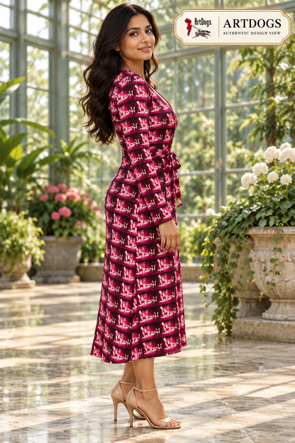 Venery 3 Calf or Below Long Wrap Dress, Authentic Design View right profile, Solange Silky Jersey