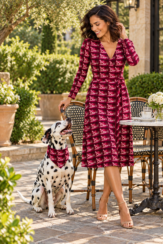 Venery 3 Calf or Below Long Wrap Dress, owner with seated adult Dalmatian in matching artwork bandana at café