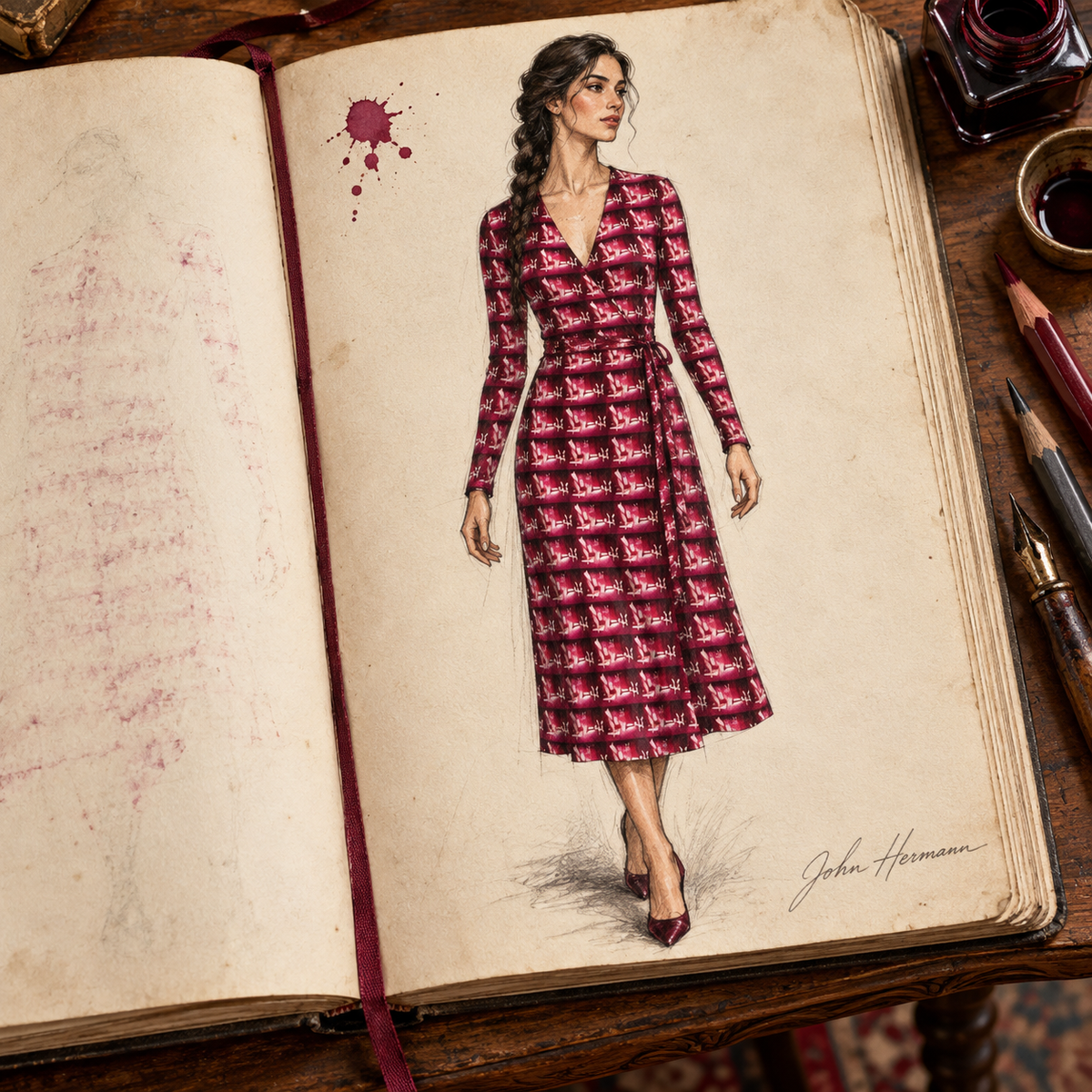 Venery 3 Calf or Below Long Wrap Dress, designer Handbook front view
