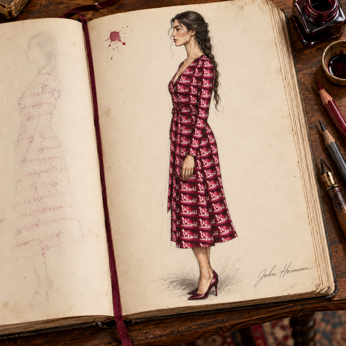 Venery 3 Calf or Below Long Wrap Dress, designer Handbook left profile view