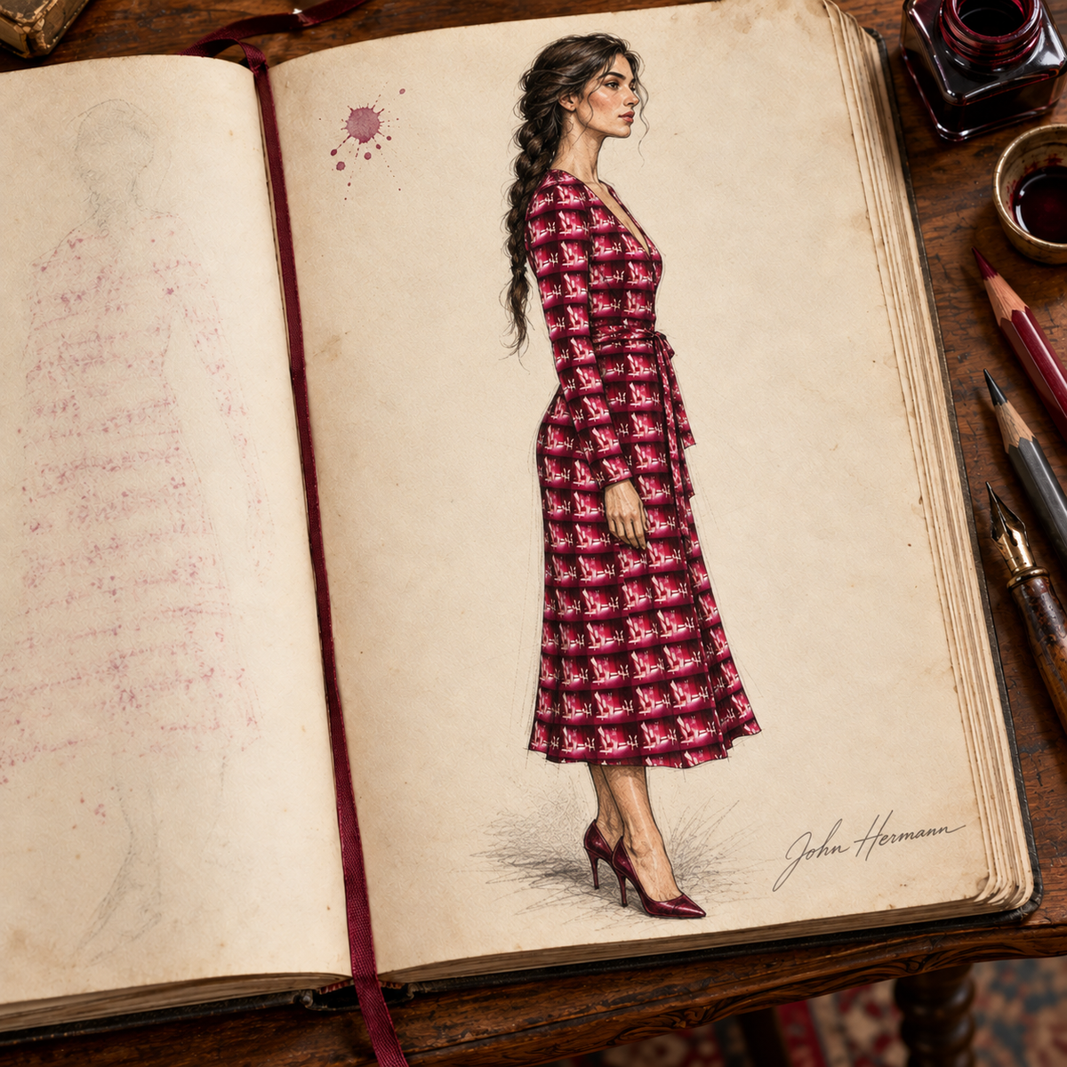 Venery 3 Calf or Below Long Wrap Dress, designer Handbook right profile view