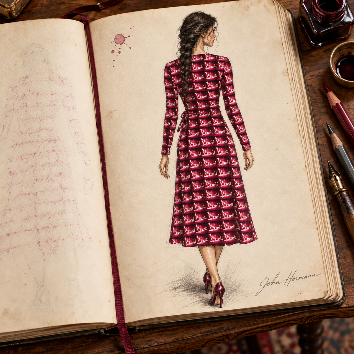 Venery 3 Calf or Below Long Wrap Dress, designer Handbook full back view