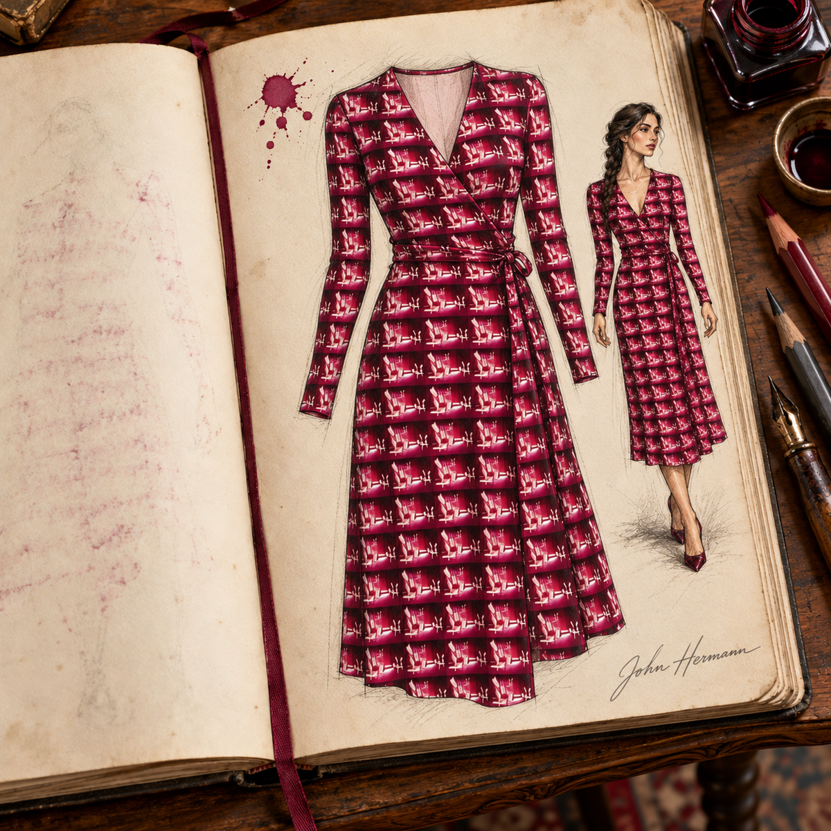Venery 3 Calf or Below Long Wrap Dress, designer Handbook closer front wrap and tie view