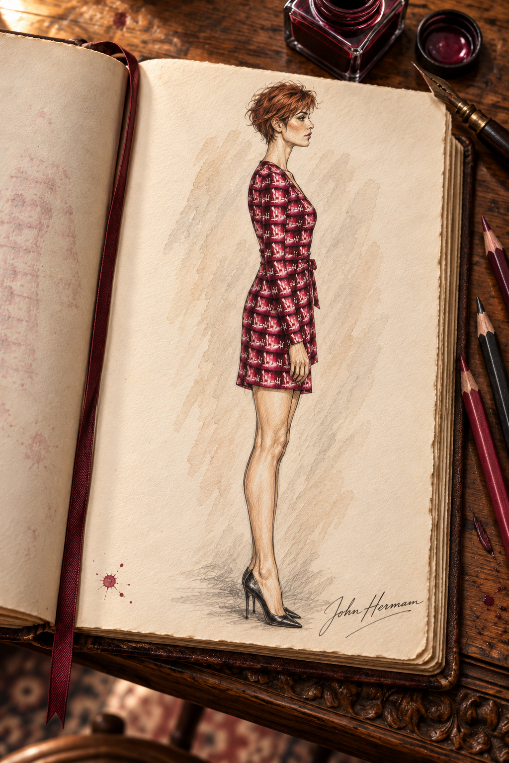 Venery 3 short wrap dress, designer Handbook right profile view