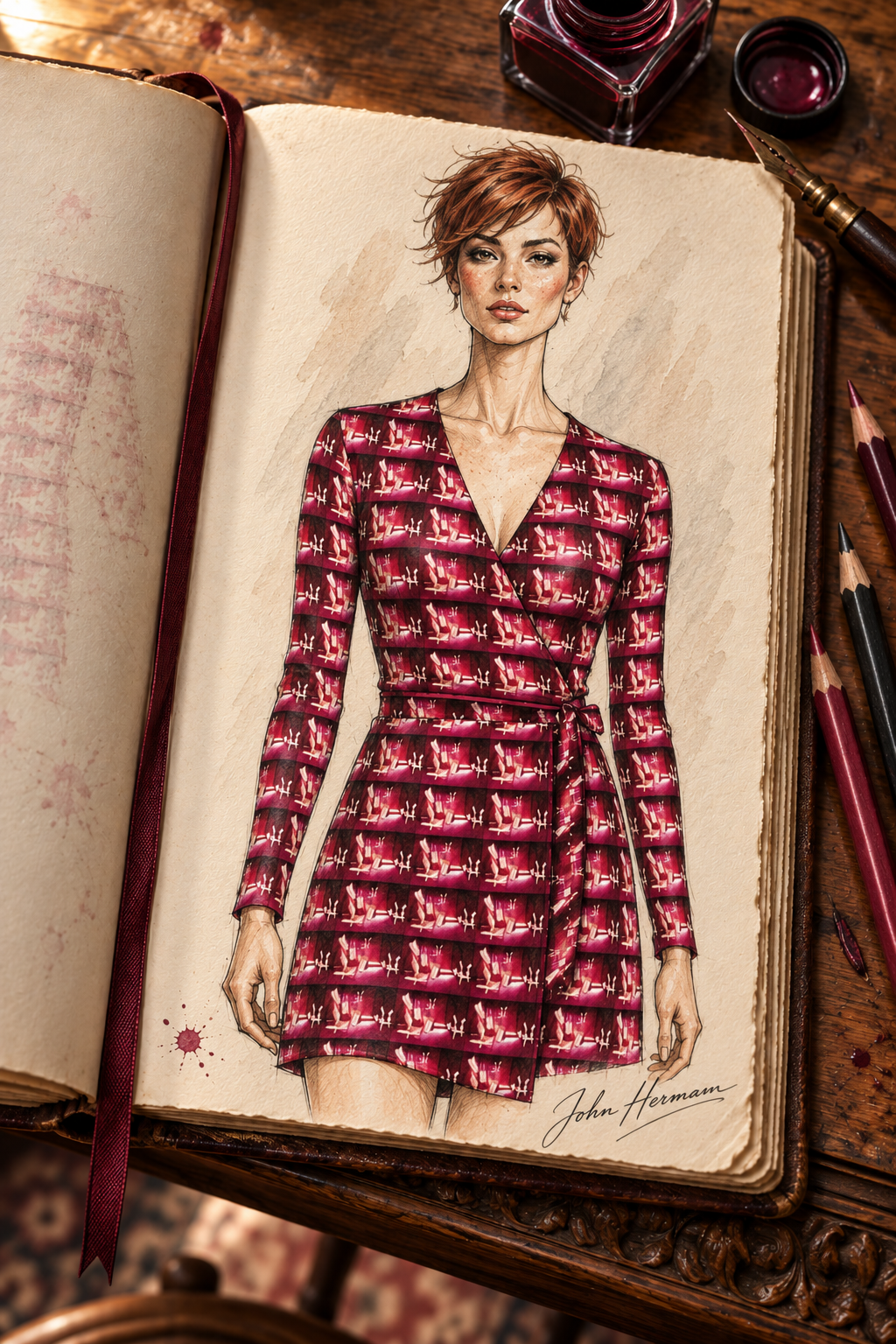 Venery 3 short wrap dress, designer Handbook closer front wrap view