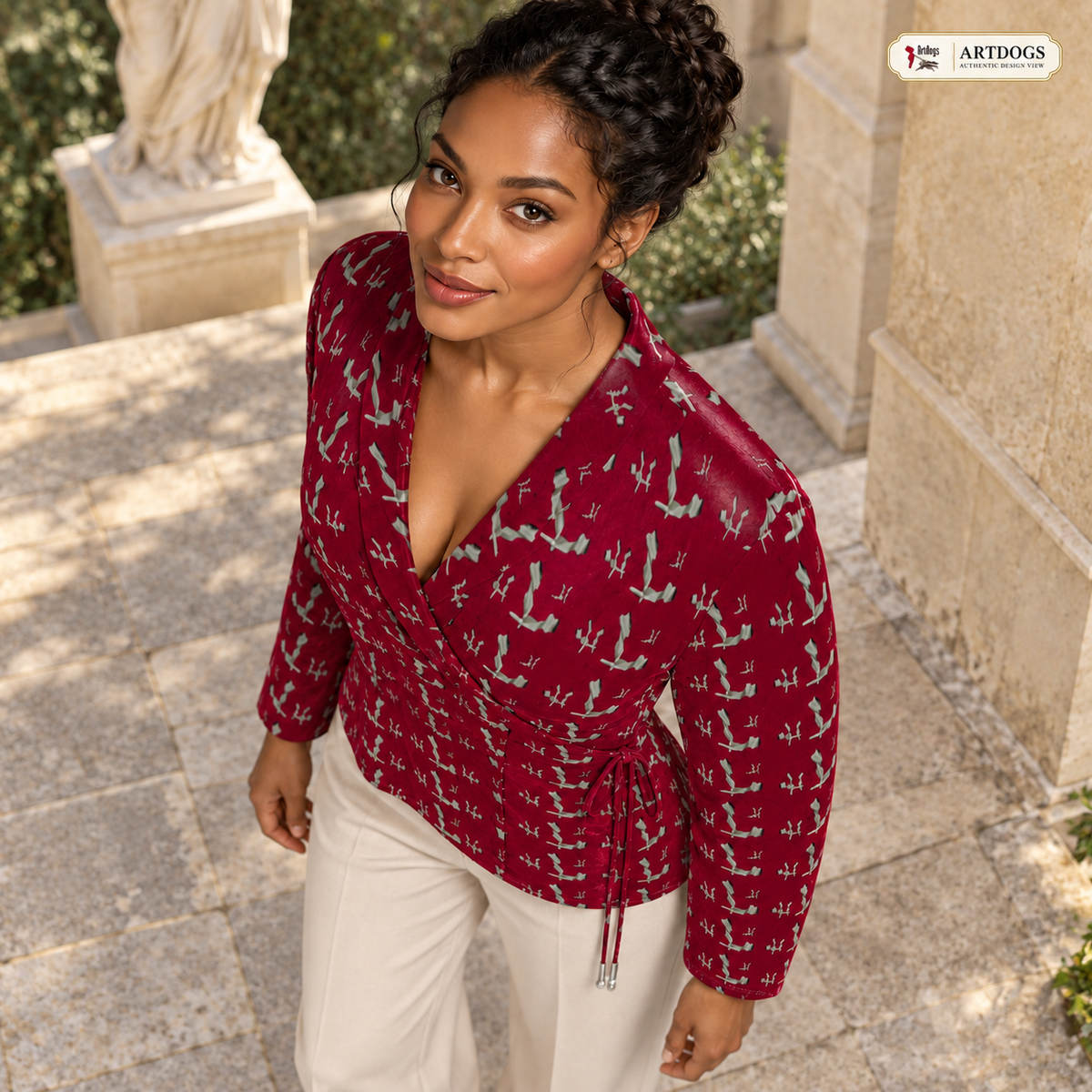 Venery Wrap Blazer — A05 Authentic Design View First overhead collar/sleeve — realistic surroundings