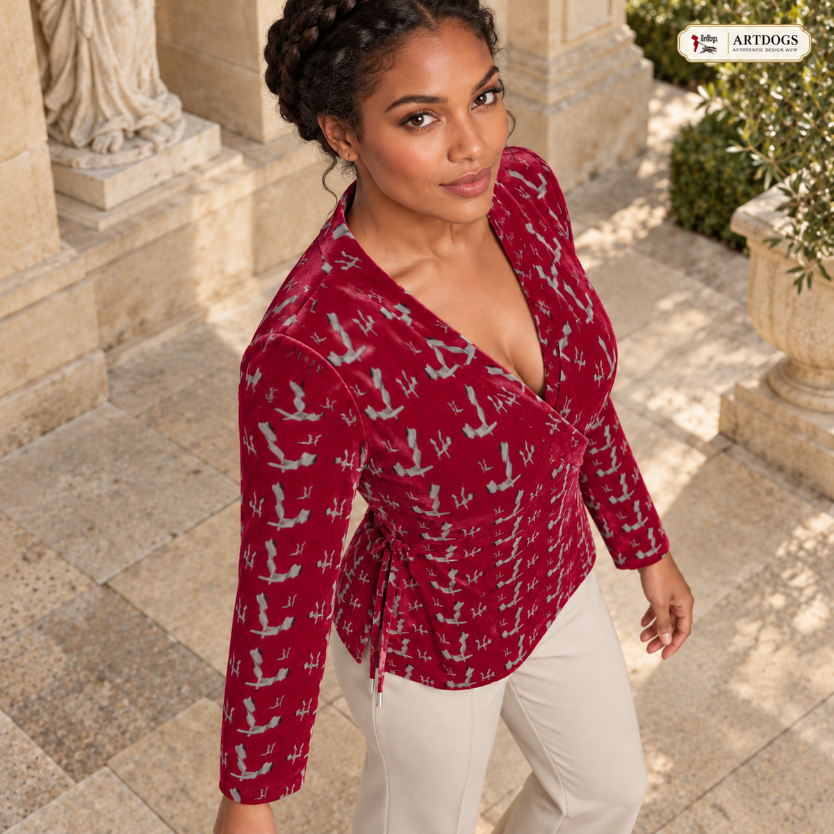 Venery Wrap Blazer — A06 Authentic Design View Opposite overhead collar/sleeve — realistic surroundings
