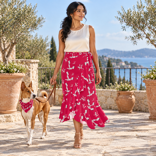 Venery Long Flounce Skirt — Owner and chestnut-white Basenji companion cover — raspberry and pale sage abstract artwork