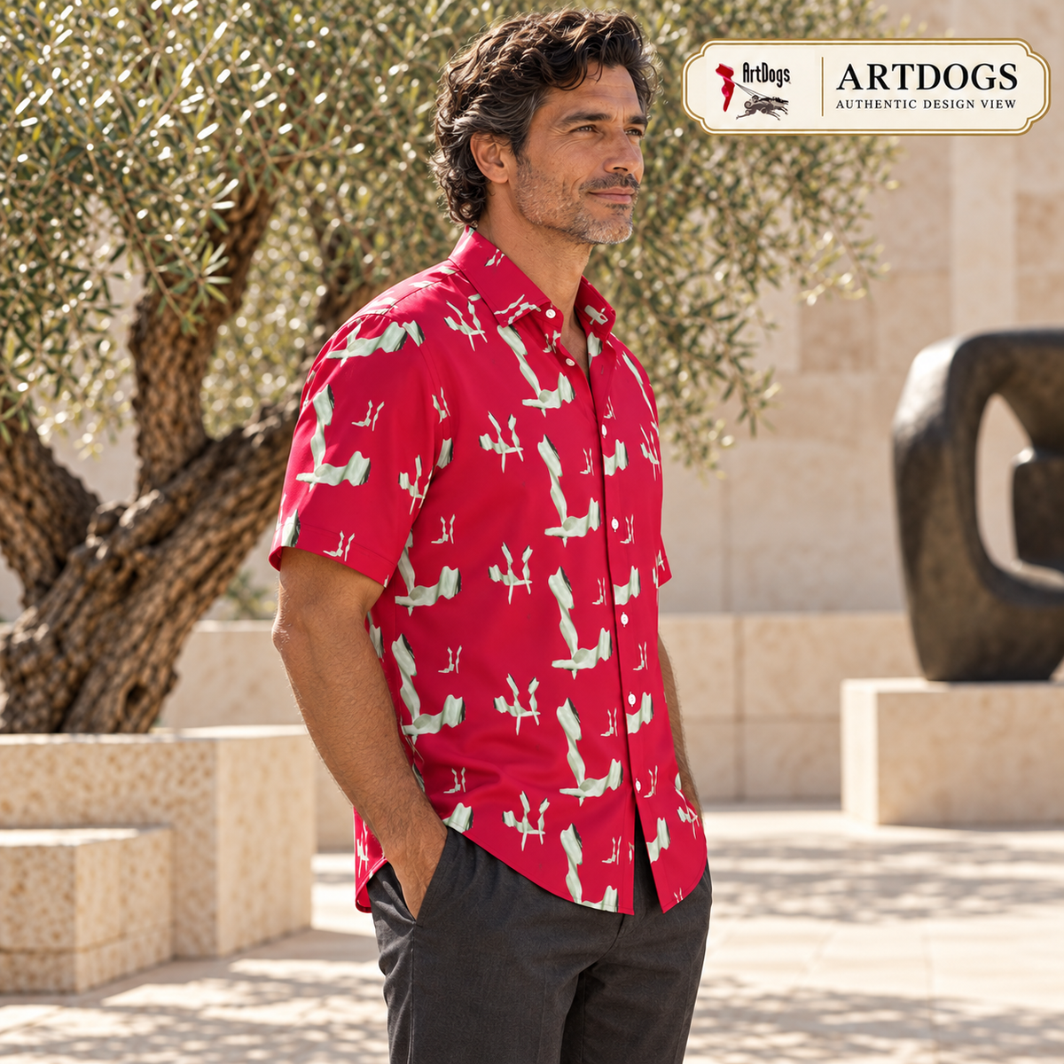 Venery mens short sleeve shirt — Authentic Design View — Three-quarter side 1; original artwork by John Robert Hermann.
