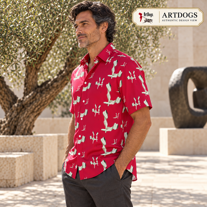 Venery mens short sleeve shirt — Authentic Design View — Three-quarter side 2; original artwork by John Robert Hermann.