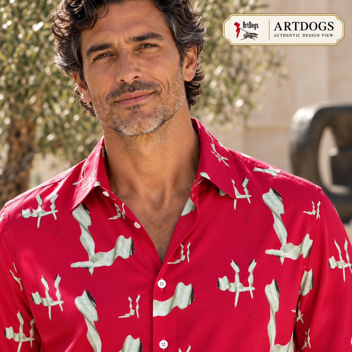 Venery mens short sleeve shirt — Authentic Design View — Collar construction; original artwork by John Robert Hermann.