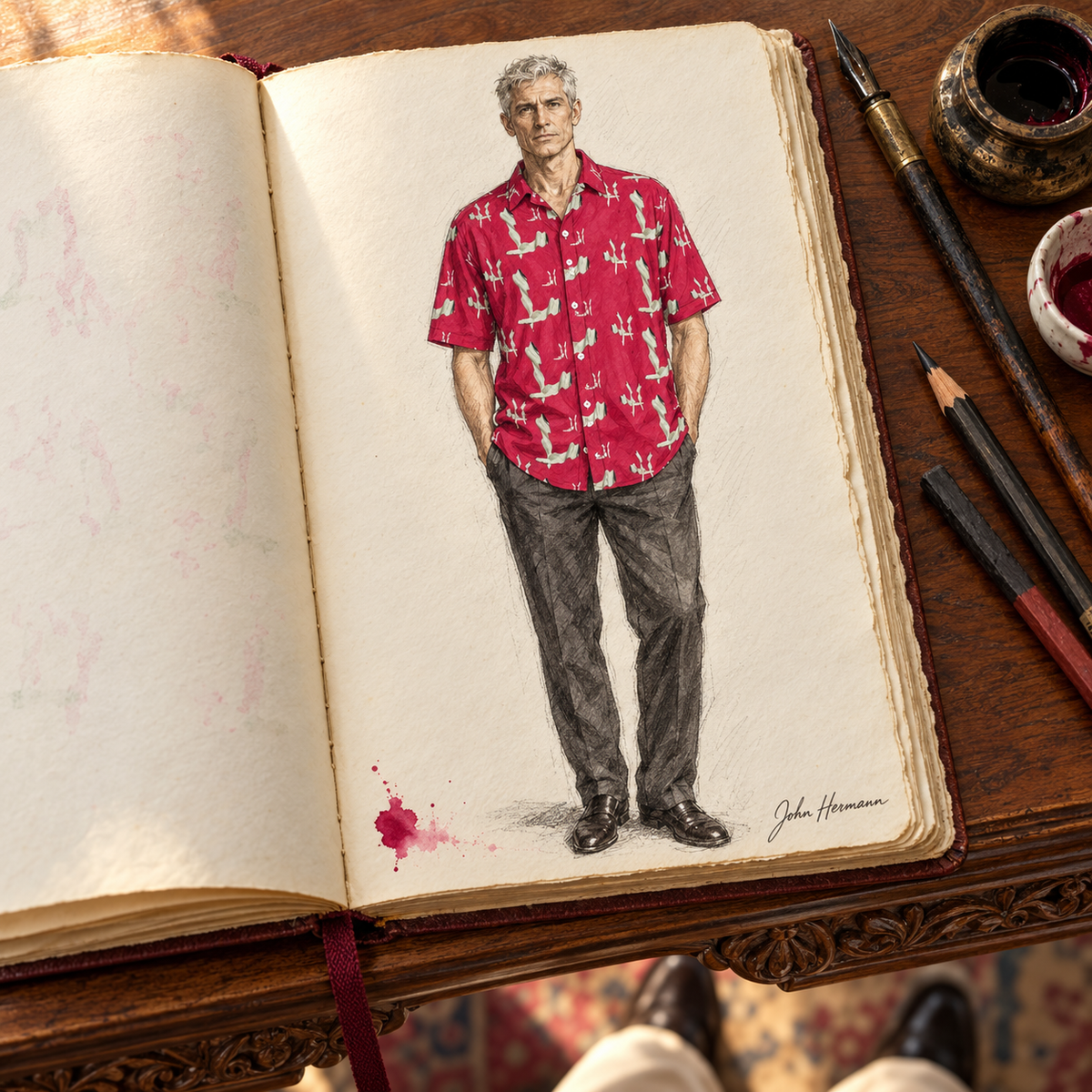 Venery mens short sleeve shirt — Handbook — Front; original artwork by John Robert Hermann.