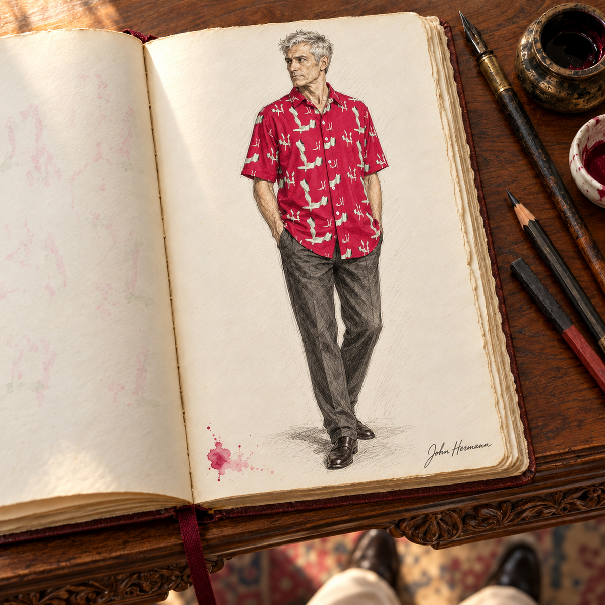 Venery mens short sleeve shirt — Handbook — Alternate front; original artwork by John Robert Hermann.