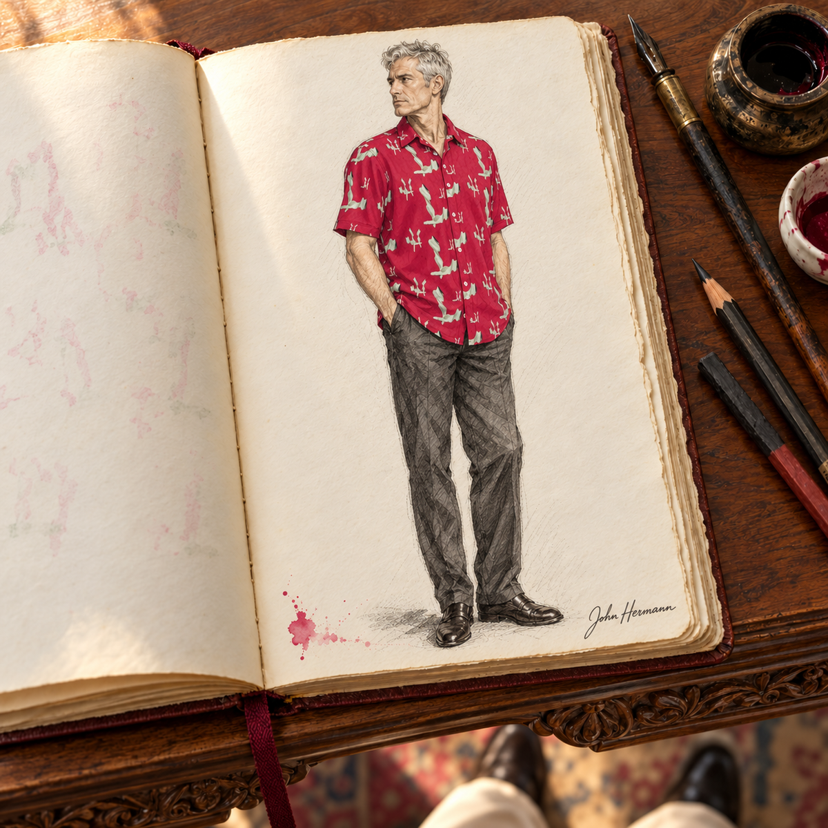 Venery mens short sleeve shirt — Handbook — Three-quarter side 1; original artwork by John Robert Hermann.
