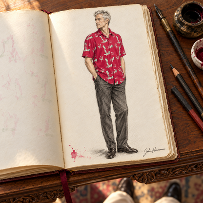 Venery mens short sleeve shirt — Handbook — Three-quarter side 1; original artwork by John Robert Hermann.