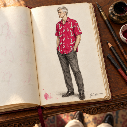 Venery mens short sleeve shirt — Handbook — Three-quarter side 2; original artwork by John Robert Hermann.