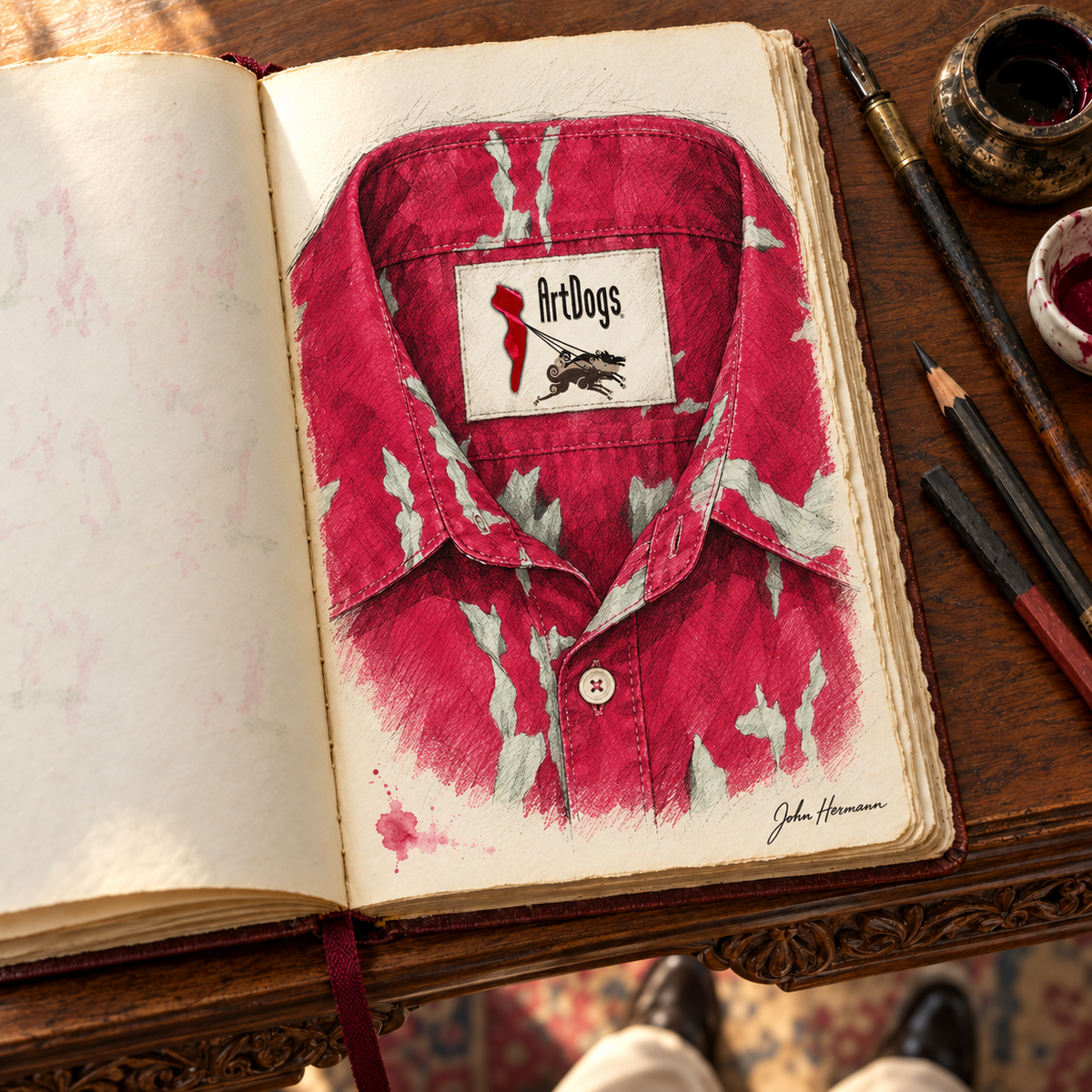 Venery mens short sleeve shirt — Handbook — Inside label detail; original artwork by John Robert Hermann.