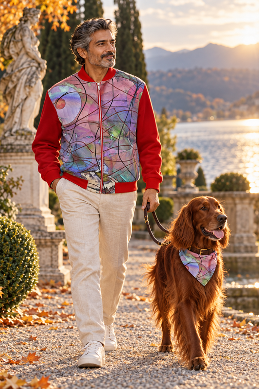 Man wearing Wishes 5 men's bomber jacket with an adult Irish Setter in a matching artwork bandana