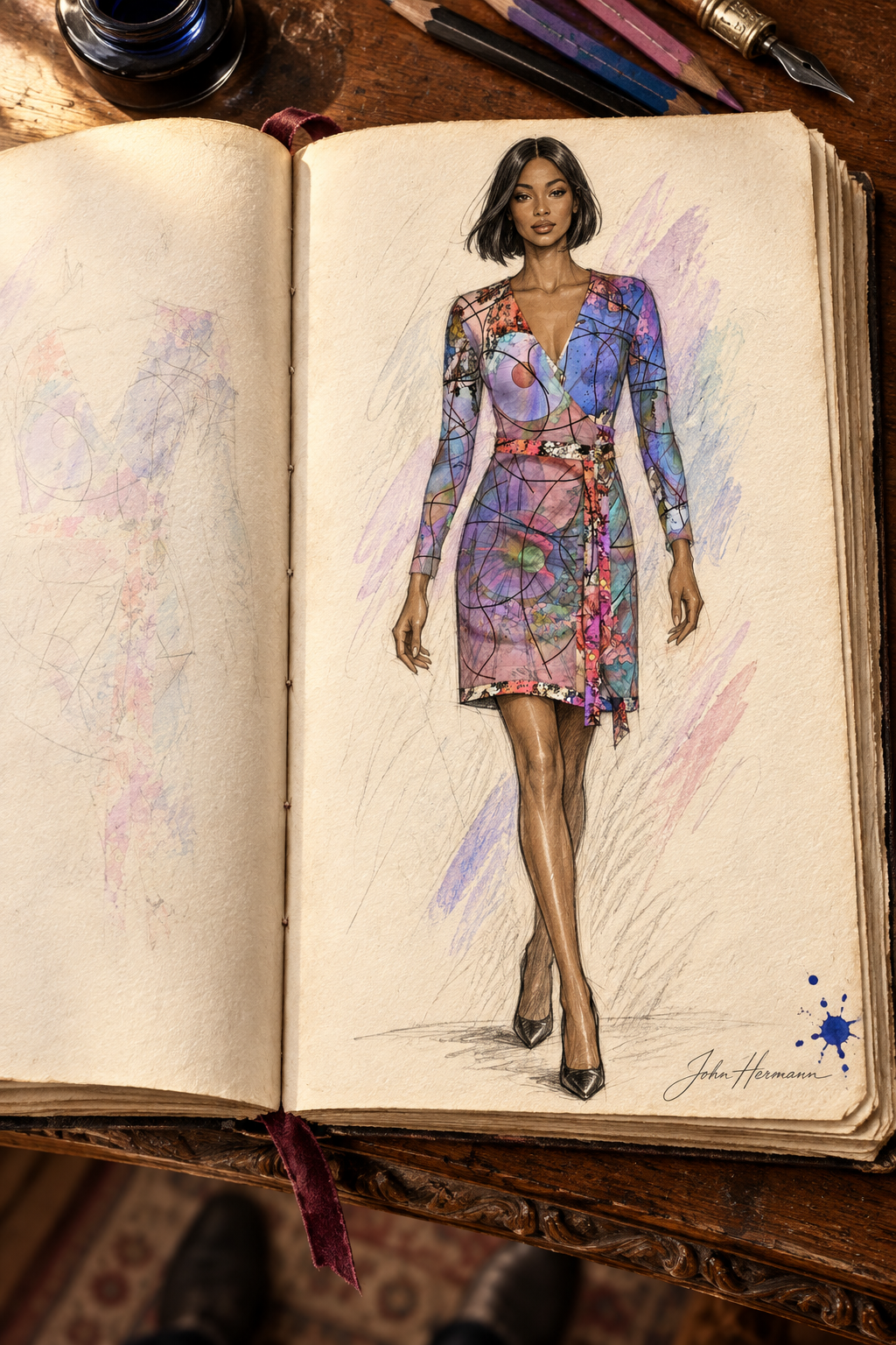Wishes Above-The-Knee Wrap Dress — hand-drawn designer Handbook, full front, Regular length.