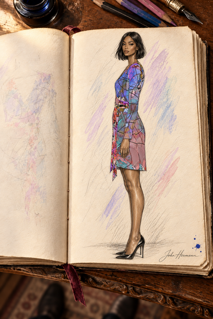 Wishes Above-The-Knee Wrap Dress — hand-drawn designer Handbook, left profile, Regular length.