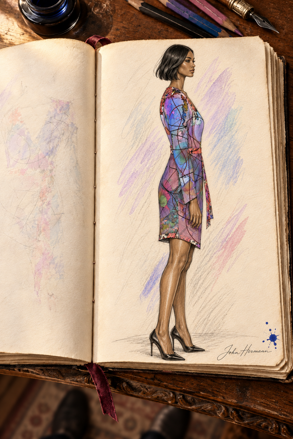 Wishes Above-The-Knee Wrap Dress — hand-drawn designer Handbook, right profile, Regular length.