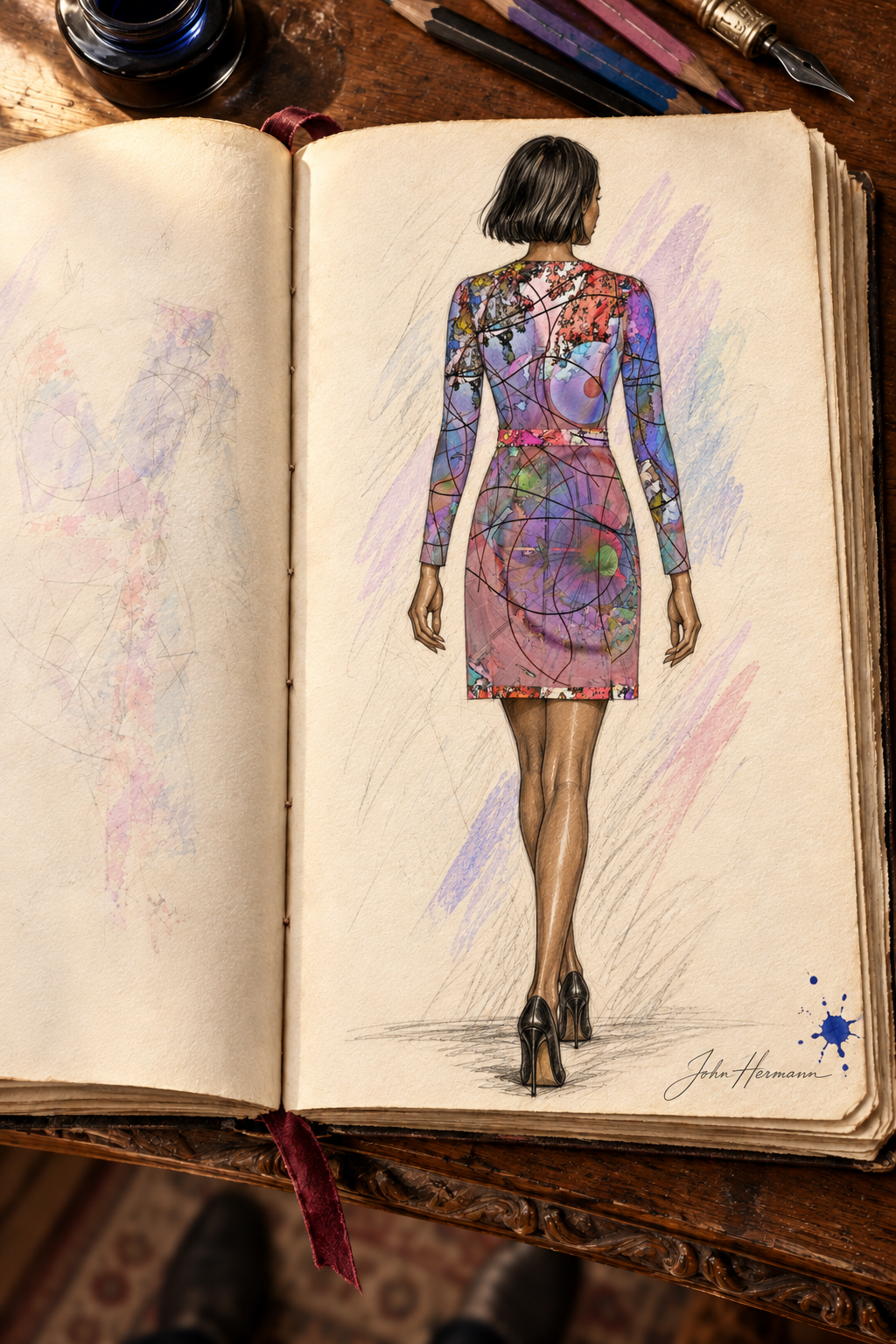 Wishes Above-The-Knee Wrap Dress — hand-drawn designer Handbook, full back, Regular length.
