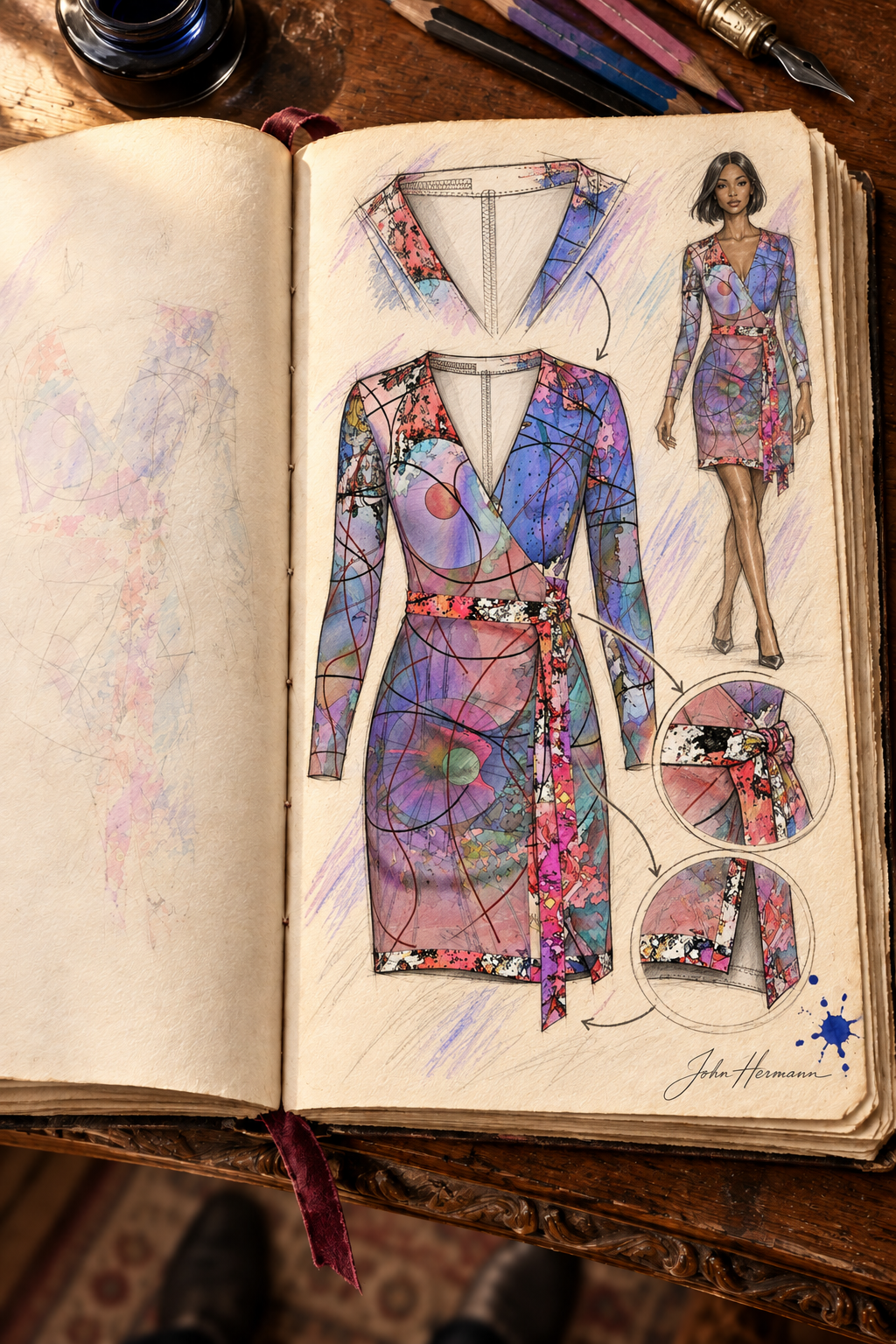 Wishes Above-The-Knee Wrap Dress — hand-drawn designer Handbook, closer front wrap and tie construction, Regular length.