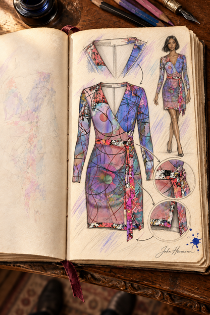 Wishes Above-The-Knee Wrap Dress — hand-drawn designer Handbook, closer front wrap and tie construction, Regular length.