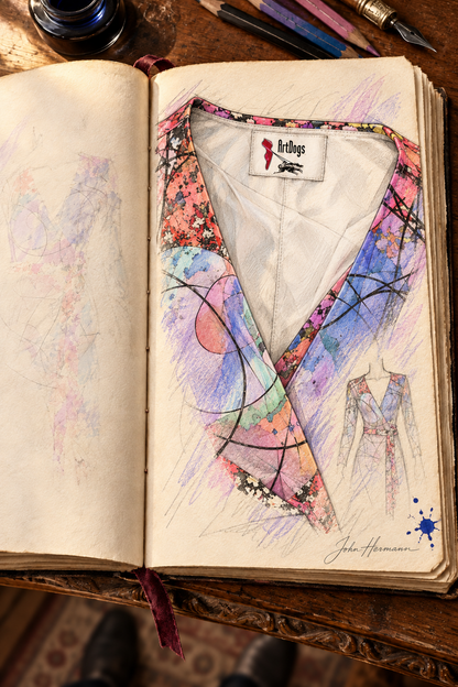 Wishes Above-The-Knee Wrap Dress — hand-drawn designer Handbook, interior neckline label, Regular length.