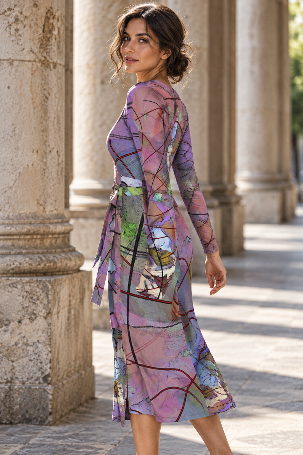 Wishes Calf or Below length Long Wrap Dress — photorealistic fashion side view, Long length.