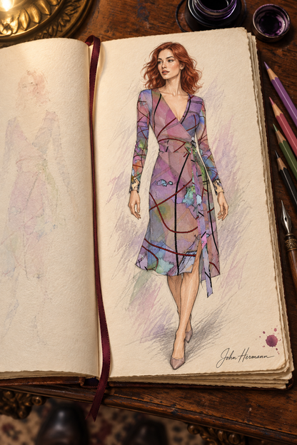 Wishes Calf or Below length Long Wrap Dress — hand-drawn designer Handbook, full front, Long length.