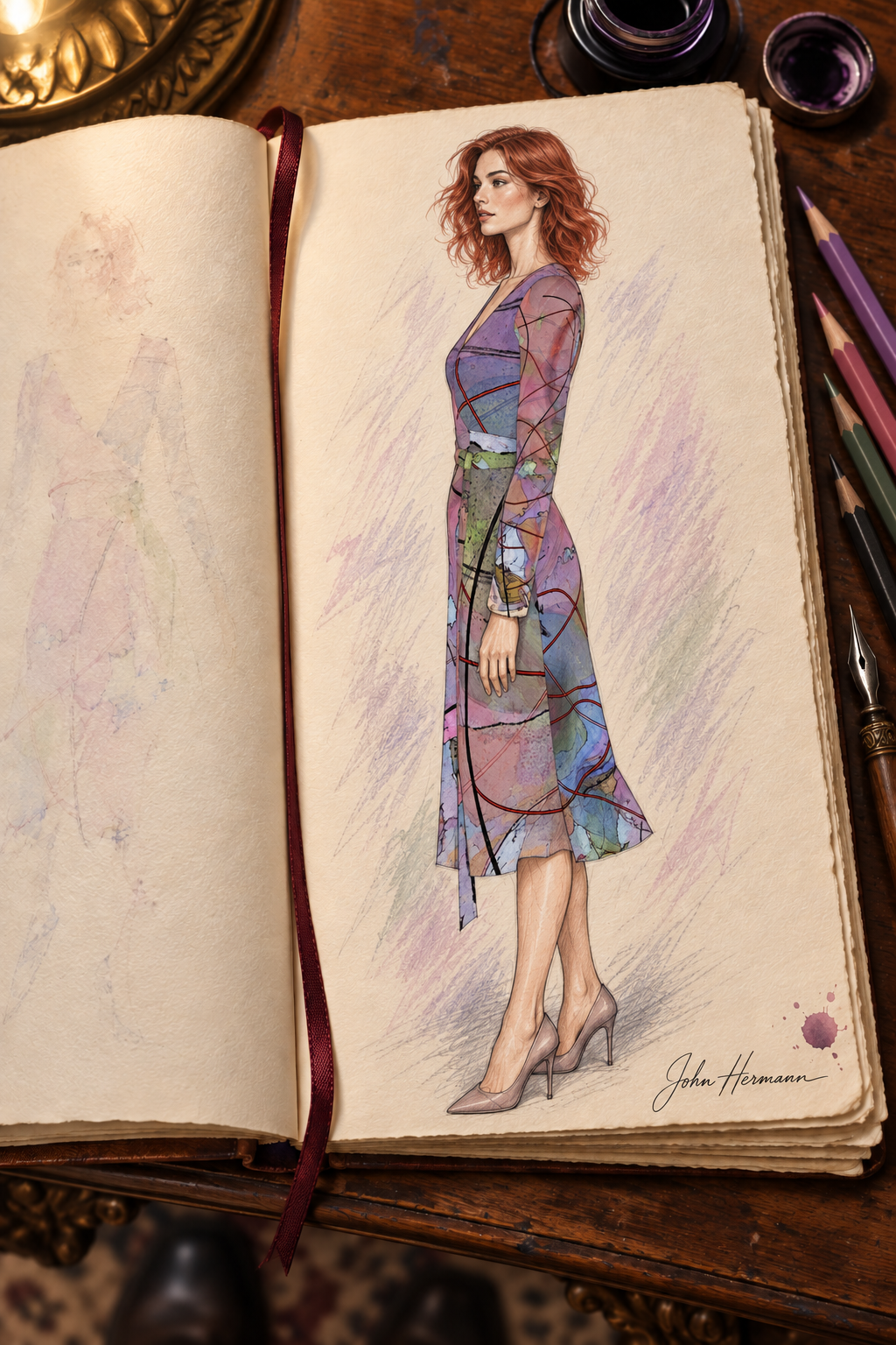 Wishes Calf or Below length Long Wrap Dress — hand-drawn designer Handbook, left profile, Long length.