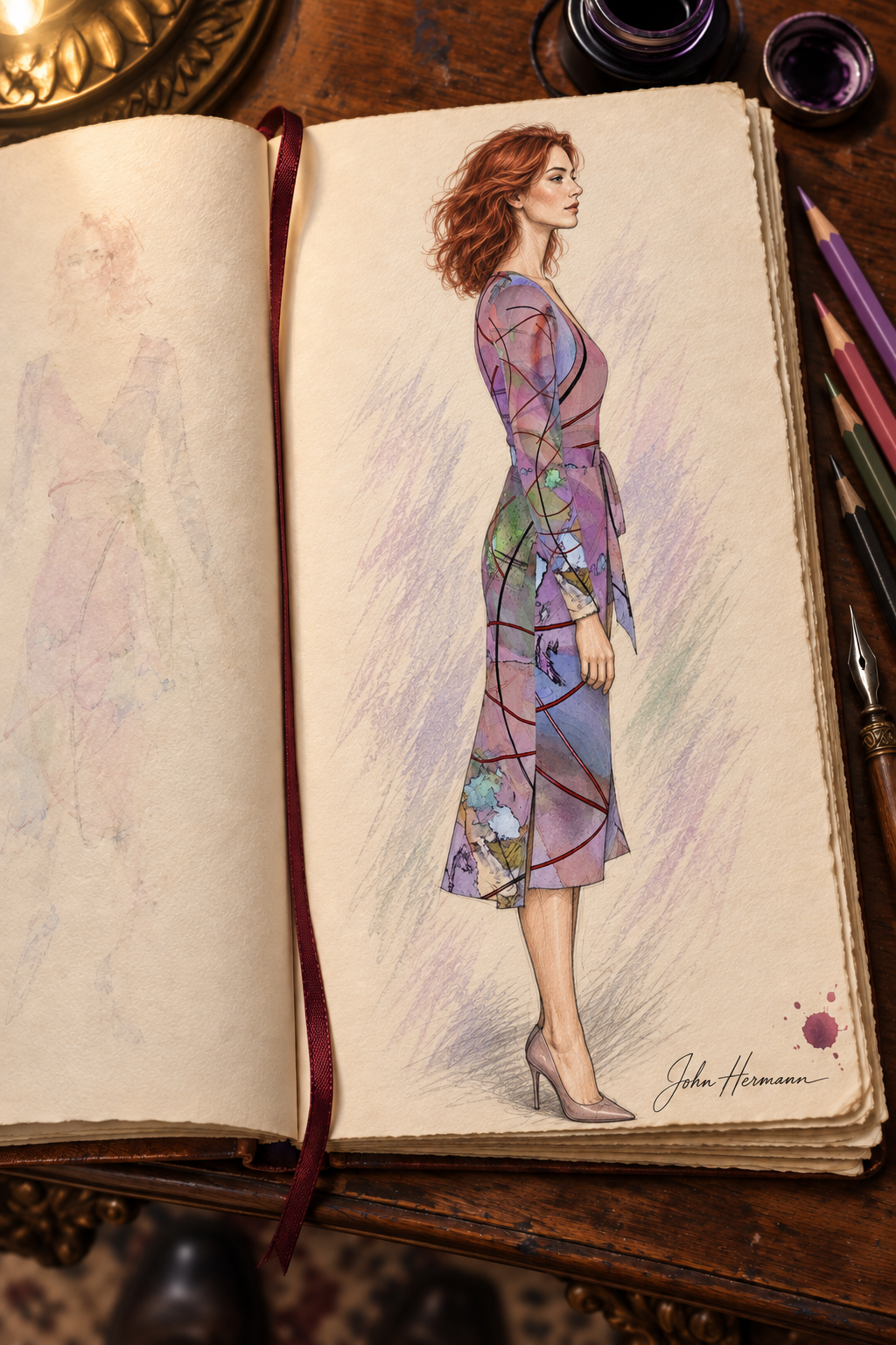 Wishes Calf or Below length Long Wrap Dress — hand-drawn designer Handbook, right profile, Long length.