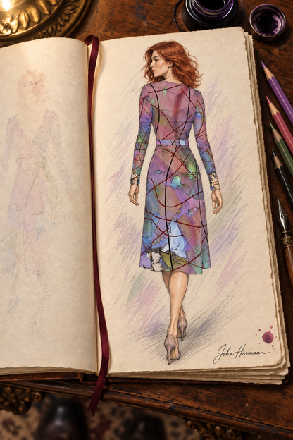 Wishes Calf or Below length Long Wrap Dress — hand-drawn designer Handbook, full back, Long length.