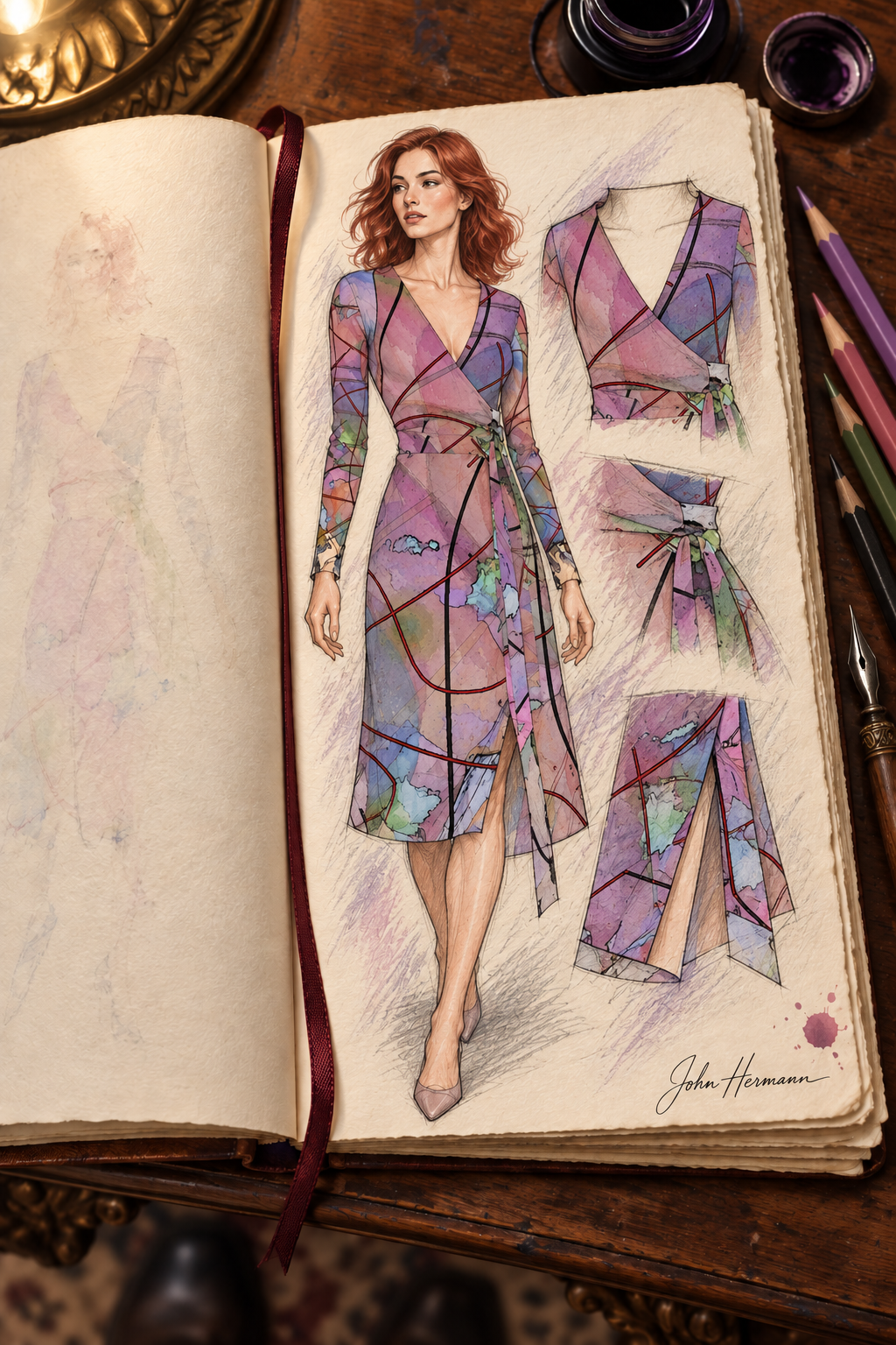 Wishes Calf or Below length Long Wrap Dress — hand-drawn designer Handbook, closer front wrap and tie construction, Long length.