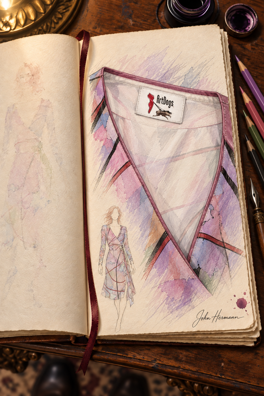 Wishes Calf or Below length Long Wrap Dress — hand-drawn designer Handbook, interior neckline label, Long length.