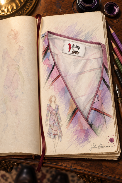 Wishes Calf or Below length Long Wrap Dress — hand-drawn designer Handbook, interior neckline label, Long length.