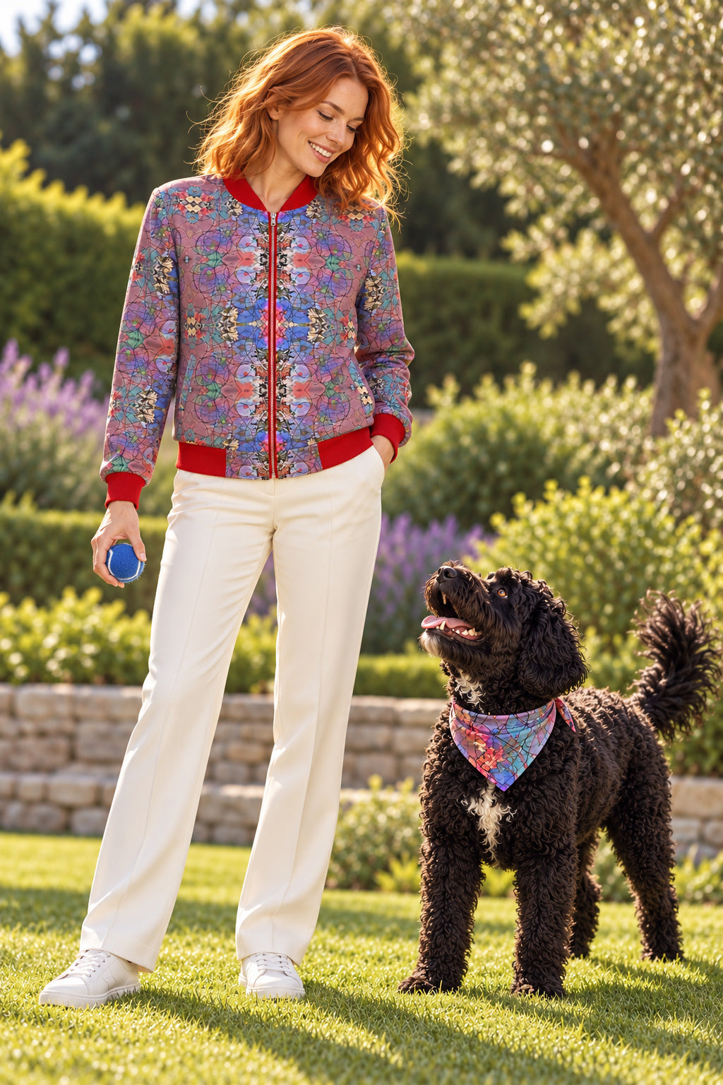 Wishes Ladies Bomber Jacket — fashion photograph, owner portuguese water dog ball game