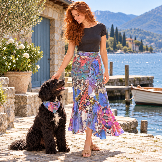 Wishes long Flounce Skirt — Conventional fashion photography — Lakeside boathouse with registered Portuguese Water Dog cover. Original artwork by John Robert Hermann.