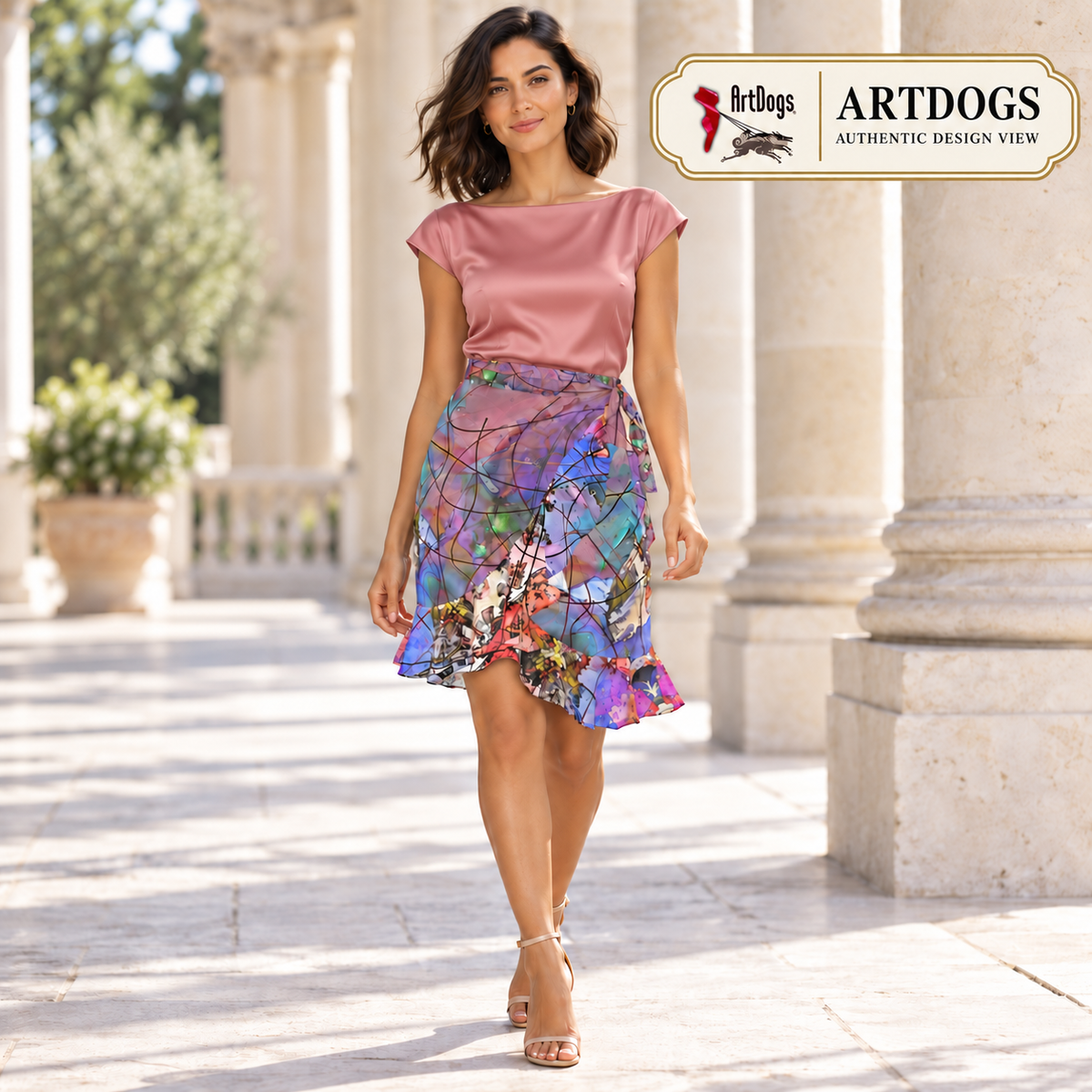 Wishes short Flounce Skirt — Authentic front — styled dusty rose boatneck silk blouse