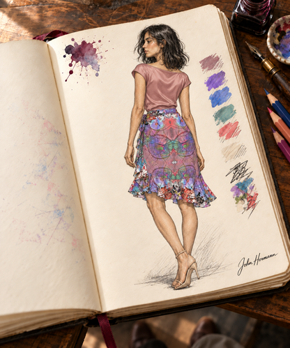Wishes short Flounce Skirt — Handbook back — styled dusty rose boatneck silk blouse