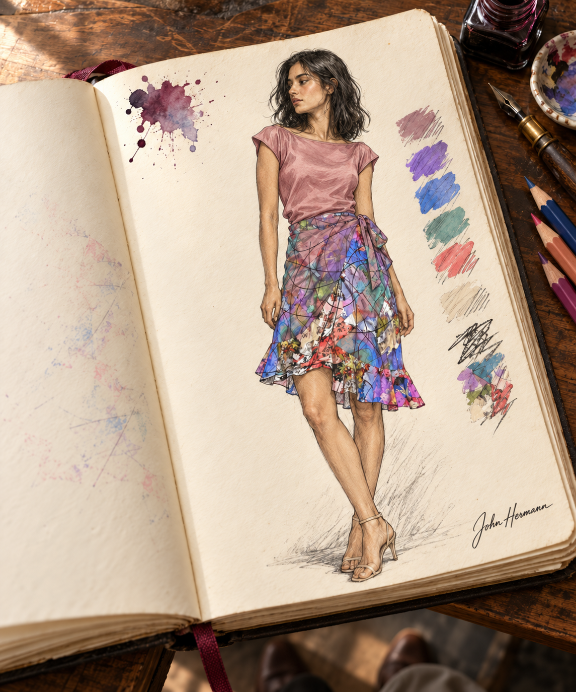 Wishes short Flounce Skirt — Handbook front — styled dusty rose boatneck silk blouse