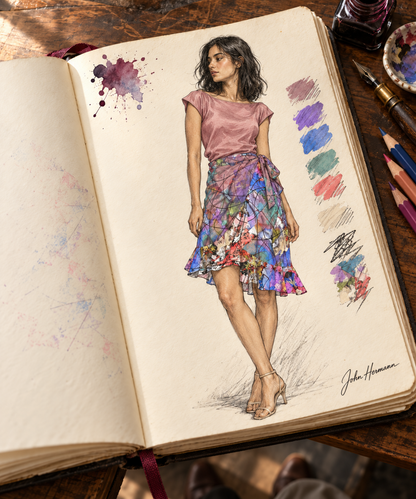 Wishes short Flounce Skirt — Handbook front — styled dusty rose boatneck silk blouse