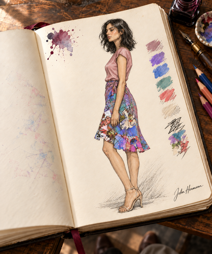 Wishes short Flounce Skirt — Handbook left — styled dusty rose boatneck silk blouse