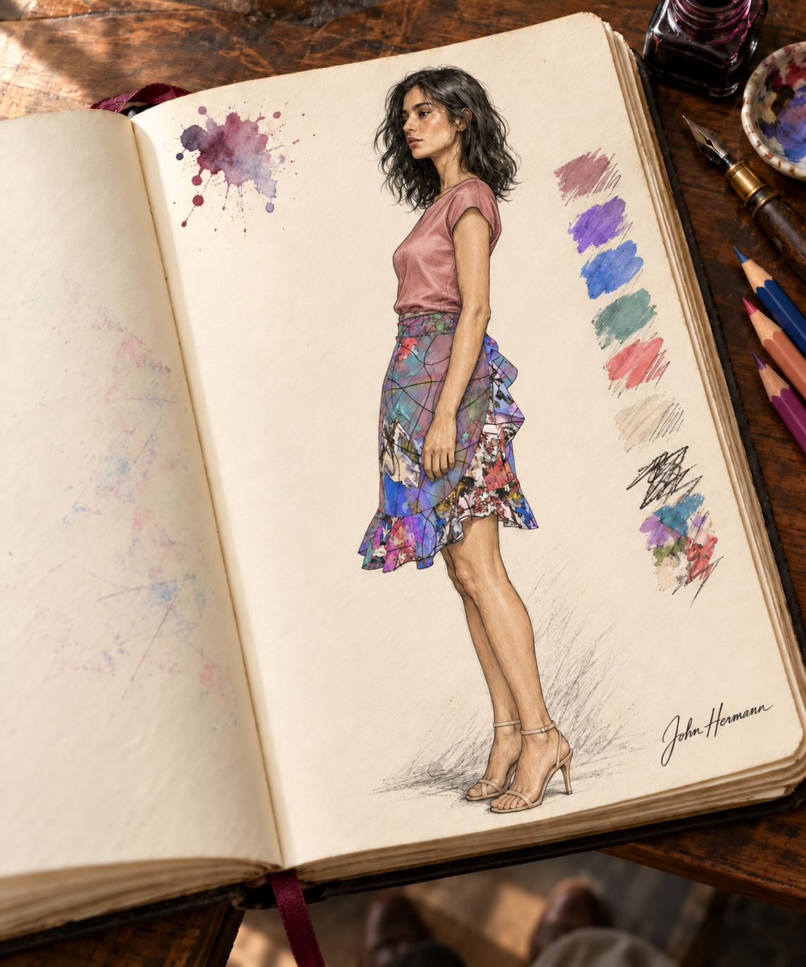 Wishes short Flounce Skirt — Handbook right — styled dusty rose boatneck silk blouse