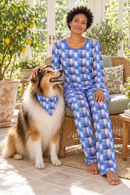 Ethereal Ladies Night Set — full matching set with sable-and-white rough collie. Original blue, lilac, turquoise and magenta Ethereal tiled artwork.