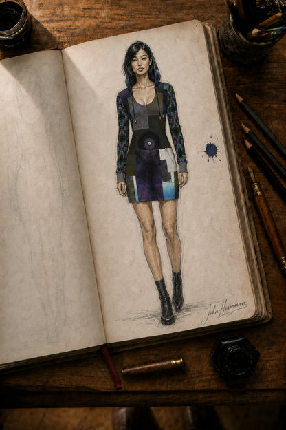 Corrected designer storybook front view of From the Void to Grace 4 Above-the-Knee Hoodie Dress without pockets